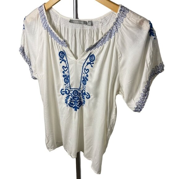 NY Collection White Embroidered Short Sleeved Boho Cotton Blouse Top Sz SP - Picture 3 of 11